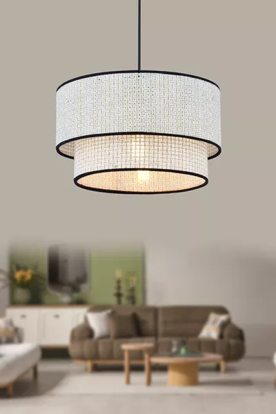 Suspension moderne blanche à 2 niveaux en rotin multicolore pour salon, chambre à coucher, avec abat-jour simple en Hazeran naturel de  cm