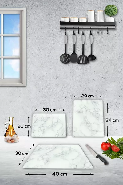 Klasik Mermer Görünümlü | Cam Kesme Tahtası 3'lü Takım