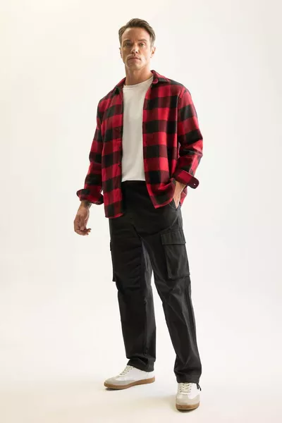 Рубашка в клетку из фланели с длинными рукавами, поло-воротником, прямого кроя AXNS