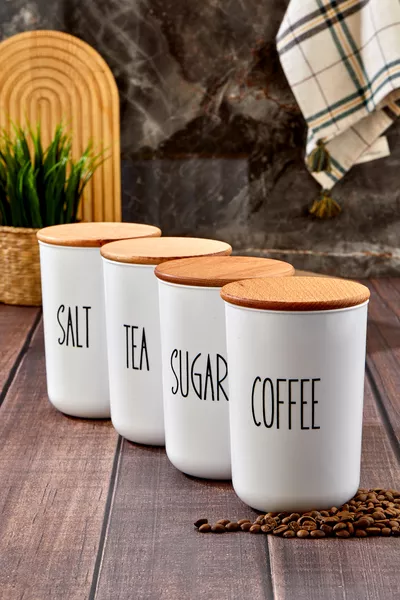 Set van 4 houten vacuümdekseltransferetiket acryl (PLASTIC) thee/suiker/koffie/zout pot ml