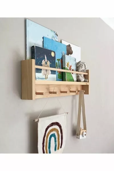 Дървен рафт за детска стая с кукли, дървен стенен рафт