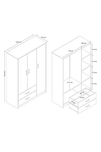 Большой современный шкаф с 3 дверцами и 2 ящиками, корзина - антрацит