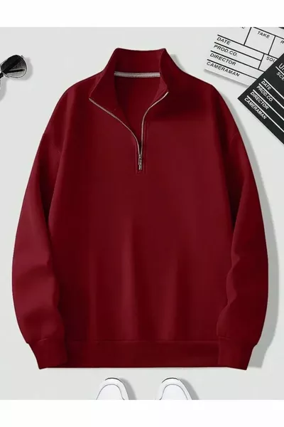 sweat-shirt oversize unisexe bordeaux à col montant zippé