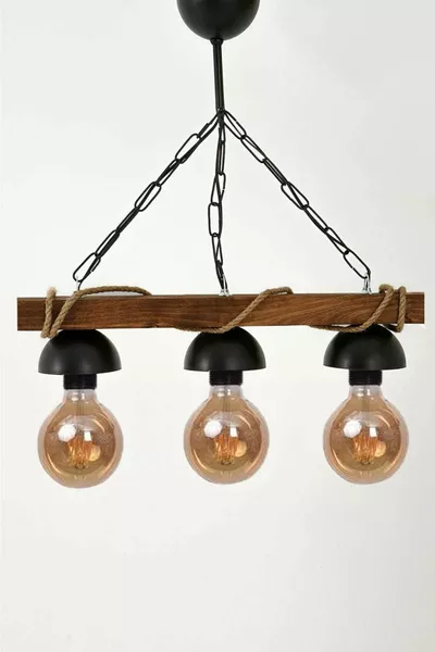 Authentic Wooden Natural Log Triple Chandelier with Rope, Dark Shade Model