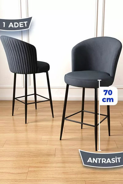 Fora Series 1 Piece Island Kitchen Chair Babyface Fabric Anthracite Bar Stool Black Metal Legs