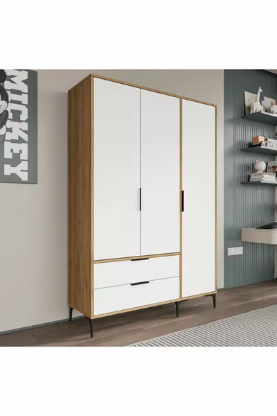 Armadio bianco completo Aden a 3 ante con cassetti, guardaroba, armadio con ripiani