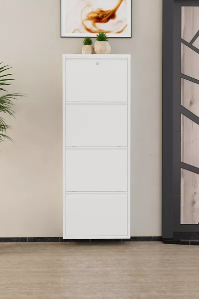 White Metal Shoe Cabinet with 4 Lockable Doors