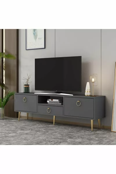 وحدة تلفاز دروب ذات بابين، رفوف وأدراج، لون أنثراسيت-ذهبي