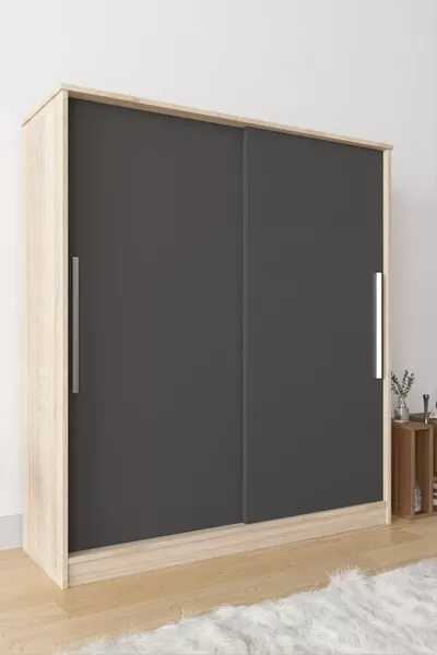 خزانة زنبق منزلقة بعدة رفوف ودرج مع شماعة باللون الرمادي الداكن