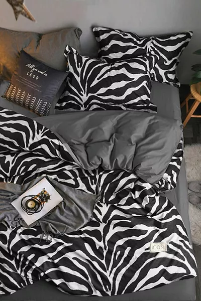 Parure de lit avec drap-housse pour lit simple, motif zèbre noir et blanc