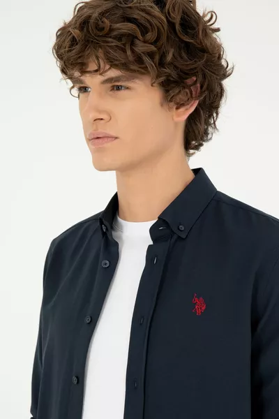 قميص أساسي بأكمام طويلة أزرق داكن للرجال 