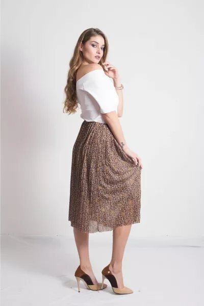 براون ليوبارد طباعة مطوي الخصر المطاطي مبطن تنورة متوسطة الطول