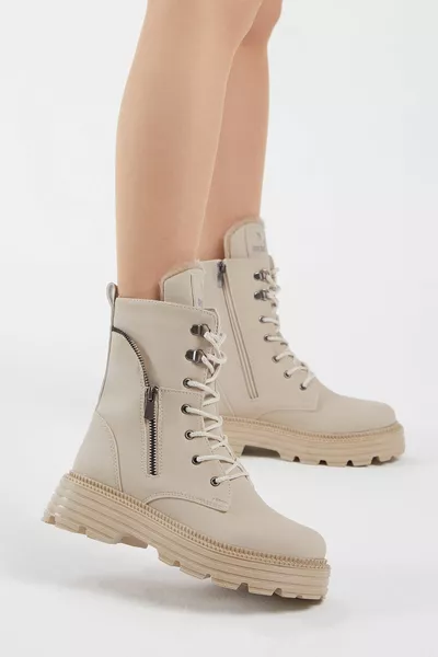 Damen Cremefarbene Haut Poly-Sohle Reißverschluss Detaillierte bequeme Passform Schnürstiefel