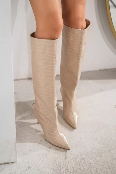 Beige Croco 5 Cm Heels Women's Boots Vanetto