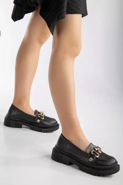 Women's Black Thick Sole Laofer shoes Gold Chain Detail Casual Ballet Flats Shoes