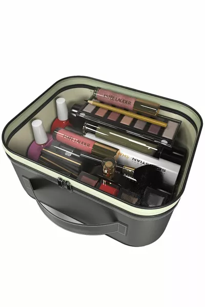 حقيبة ماكياج الجلود الأمتعة المنظم كبير الحجم المنظم نوع السفر أسود