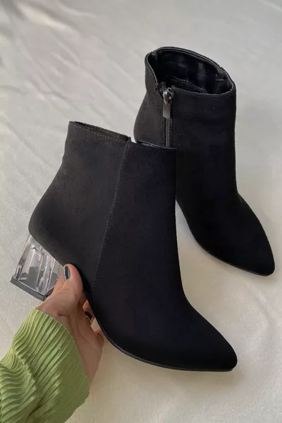 المرأة من جلد الغزال الأسود مريحة أحذية الكعب الشفاف