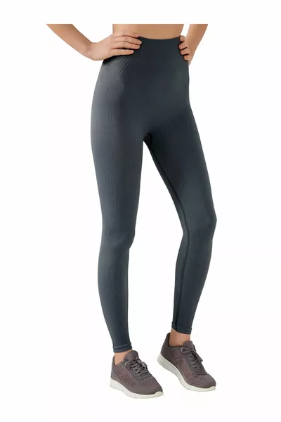 Anthrazitfarbene Damen Sportleggings mit hoher Taille und nahtlosem Cord zum Einwickeln