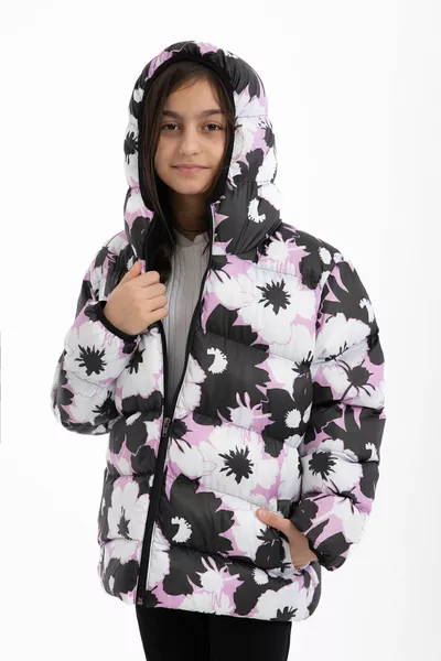 الفتيات الأبيض الأرجواني نمط الأزهار داخل المياه الصوف و يندبروف مقنعين جيب نفخ معطف الشتاء