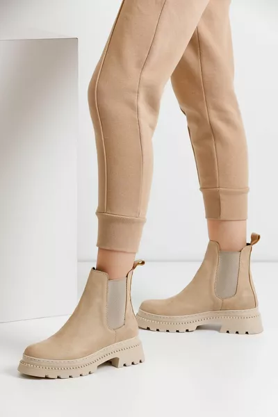 Beige Suede Women's Side Elastic Boots 