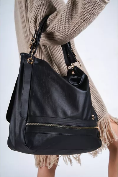 Zwarte schoudertas van zacht leer voor dames