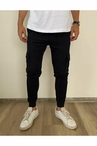 ناسا الساق المطبوعة مرنة جيب البضائع أسود بنطال رياضي