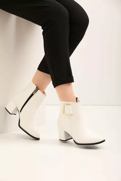 Women's White Skin Buckle Detailed Heeled Short Boots