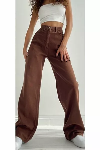 The Women's Shabby Lycra 's Unfading Brown Super High Waist Shabby Leg Jeans Palazzo Hose