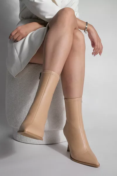 Women's Heeled Boots Pointed Toe Goblet Heel Casual Classic Boots Holes beige