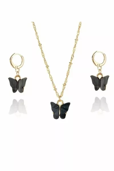 Women's Black Butterfly Earrings, Necklace Set
