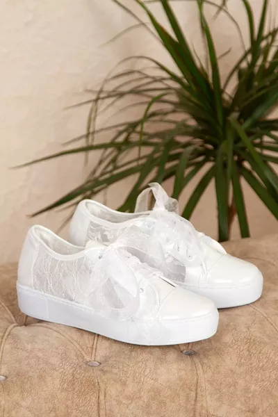 - نسائي الدانتيل الأبيض الدانتيل متابعة منخفضة النعل فستان الزفاف الأحذية