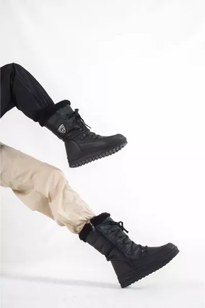 Women's Snow Boots with Trak Soled Side Fermaur Collar Fur Lace-Up Parachute Fabric