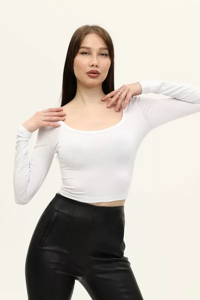 المرأة الأبيض بركة الرقبة كم طويل بلوزة المحاصيل