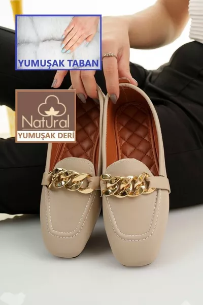 Beige Vrouwen Ballerina's Ketting Gedetailleerde Stijlvolle Orthopedische Toevallige Schoenen