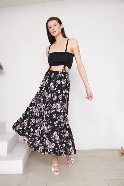 Floral Patterned Long Lined Pleated Skirt, Pleated Skirt, Mother Gift Skirt, Crepe Skirt, Hijab Skirt