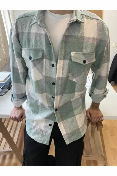 الرجال المياه الأخضر والأبيض مزدوج جيب رفرف سليم صالح الحطاب قميص