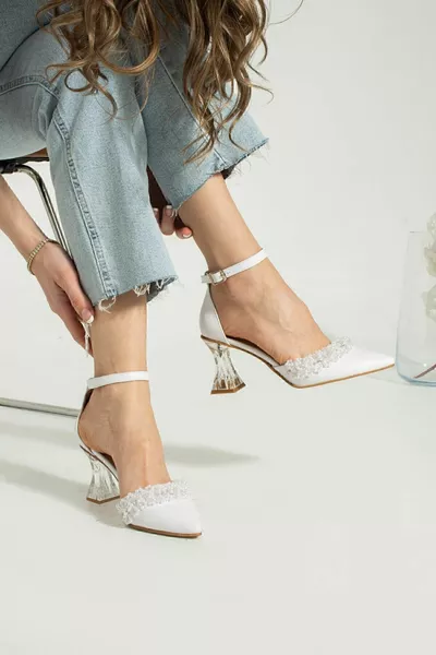 Damen Weiße Haut Perle Perle Detail Abendkleid Schuhe