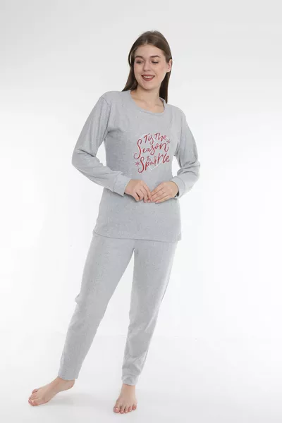 أحمر حروف القلب منقوشة رمادي التعشيق النسيج طويلة الأكمام المرأة بيجامة مجموعة