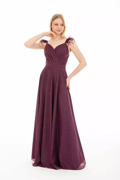 المرأة حبل حزام ريشة مفصلة مطوي طويل بريق توهجت الزفاف دعوة الخطوبة مساء اللباس /  الأرجواني الفاتح