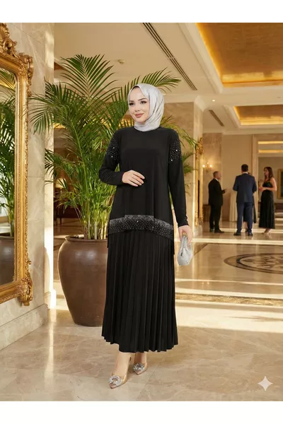 Kadın Siyah Sandy Taş Işlemeli 2li Büyük Beden Bluz Etek Pliseli Ikili Tesettür Etekli Takım