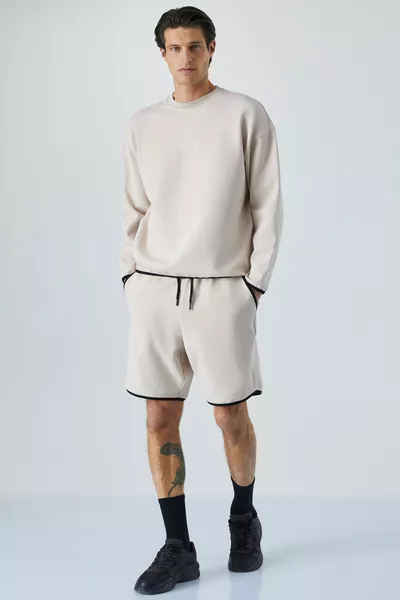 SOLERO Men's Elastic Waist Pocketed Relaxed Print Detail Light Gray Shorts