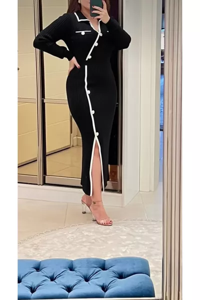 Ribbed Polo Neck Dress with Slit Detail in Trendy Black