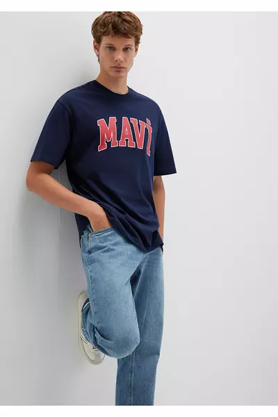 Logo Printed Navy T-Shirt Loose Fit / Relaxed Fit 