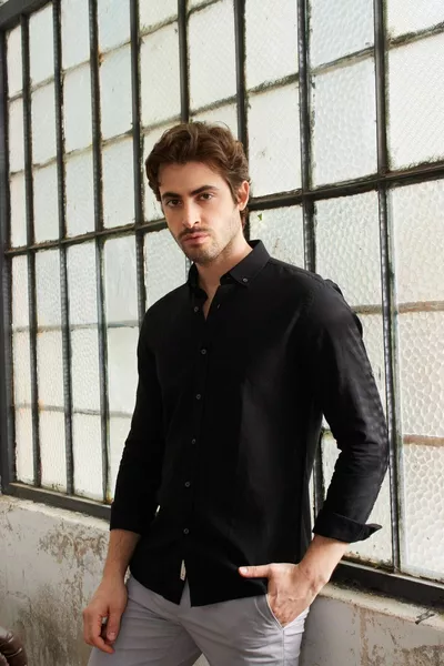 Sarte - Erkek Siyah Slim Fit Dar Kesim Düğmeli Yaka Keten Görünümlü % Pamuk Flamlı Gömlek