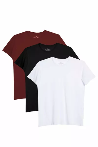 تيشيرتات ضيقة القَصّة، قبة دائرية، قطن %، مجموعة من 3 قطع للجنسين، بالألوان: أسود-أبيض-أحمر داكن