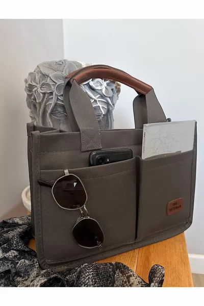 Women's Canvas Fabric Gray Color Two-Pocket Tote Bag Hand and Shoulder Bag