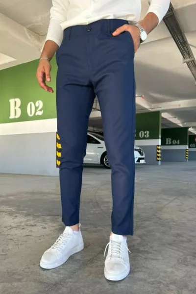 بنطال رجالي عالي الجودة باللون الأزرق الداكن، قماش مرن، قصة إيطالية، أنيق ومريح ومناسب لجميع المناسبات