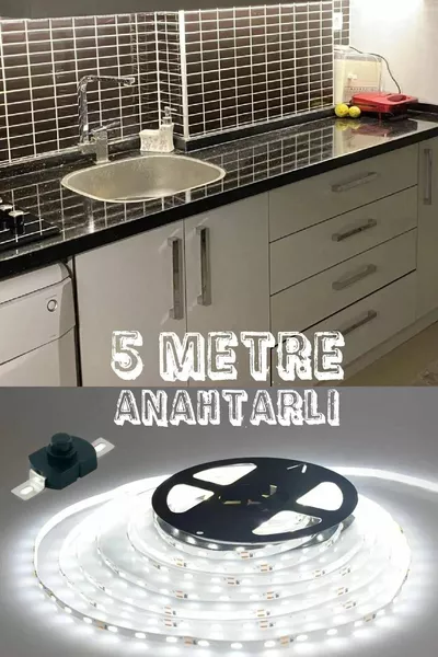 شريط إضاءة LED أبيض بطول 5 أمتار لأسطح مطبخ المزود بمحول ومفتاح تشغيل/إيقاف، جاهز للتوصيل