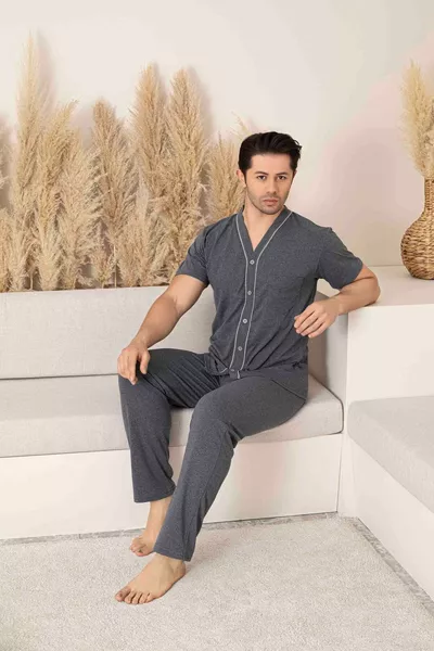 طقم بيجامة صيفي رجالي قميص بأزرار من الأمام بأكمام قصيرة وسروال طويل من قماش جيري محبوك