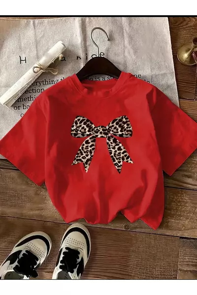 LEOPAR DESENLİ KURDELE DETAYLI BASİC T-SHİRT